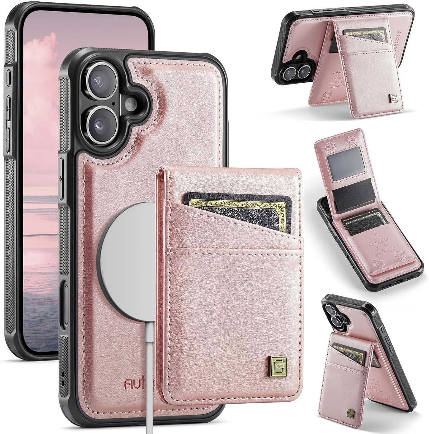 Up and down card holder mobile phone case suitable for iPhone 16 Plus, RFID (anti-theft), supports car magnetic suction function, card slot wallet holder Brown