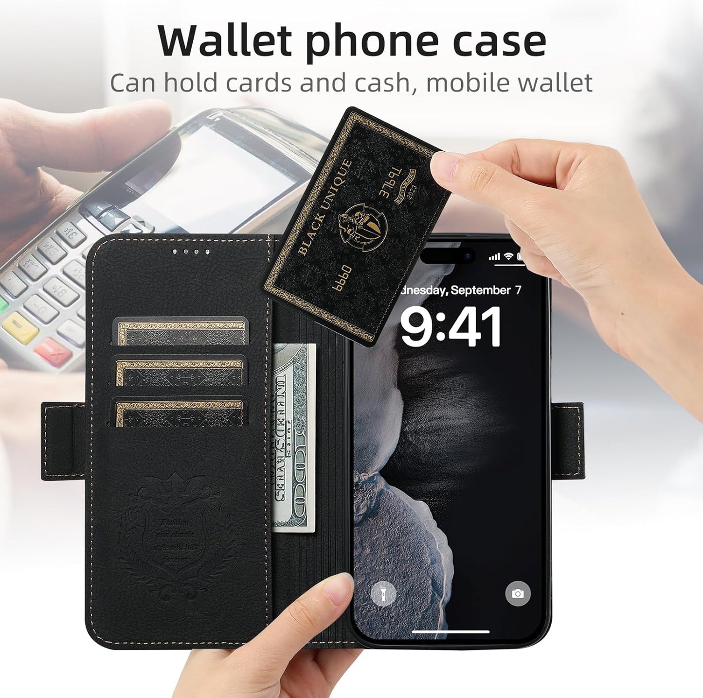 Wallet Case for iPhone 13 Pro Magsafe Charger Compatible, Magnetic Buckle Leather Case, Card Slot Stand Shock Cover Black