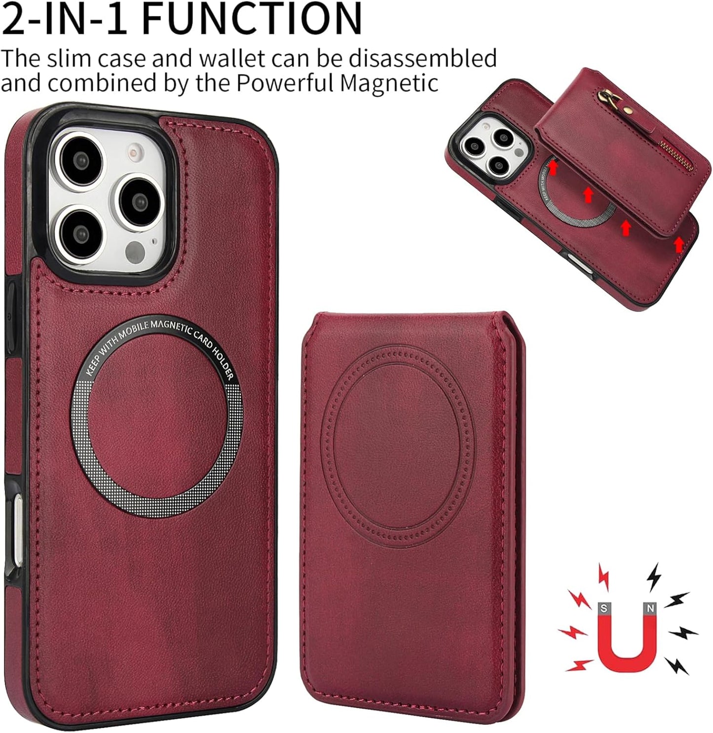 Magnetic card holder phone case suitable for iPhone 16 Pro, zipper magnetic split magnetic wallet with adjustable bracket Brown