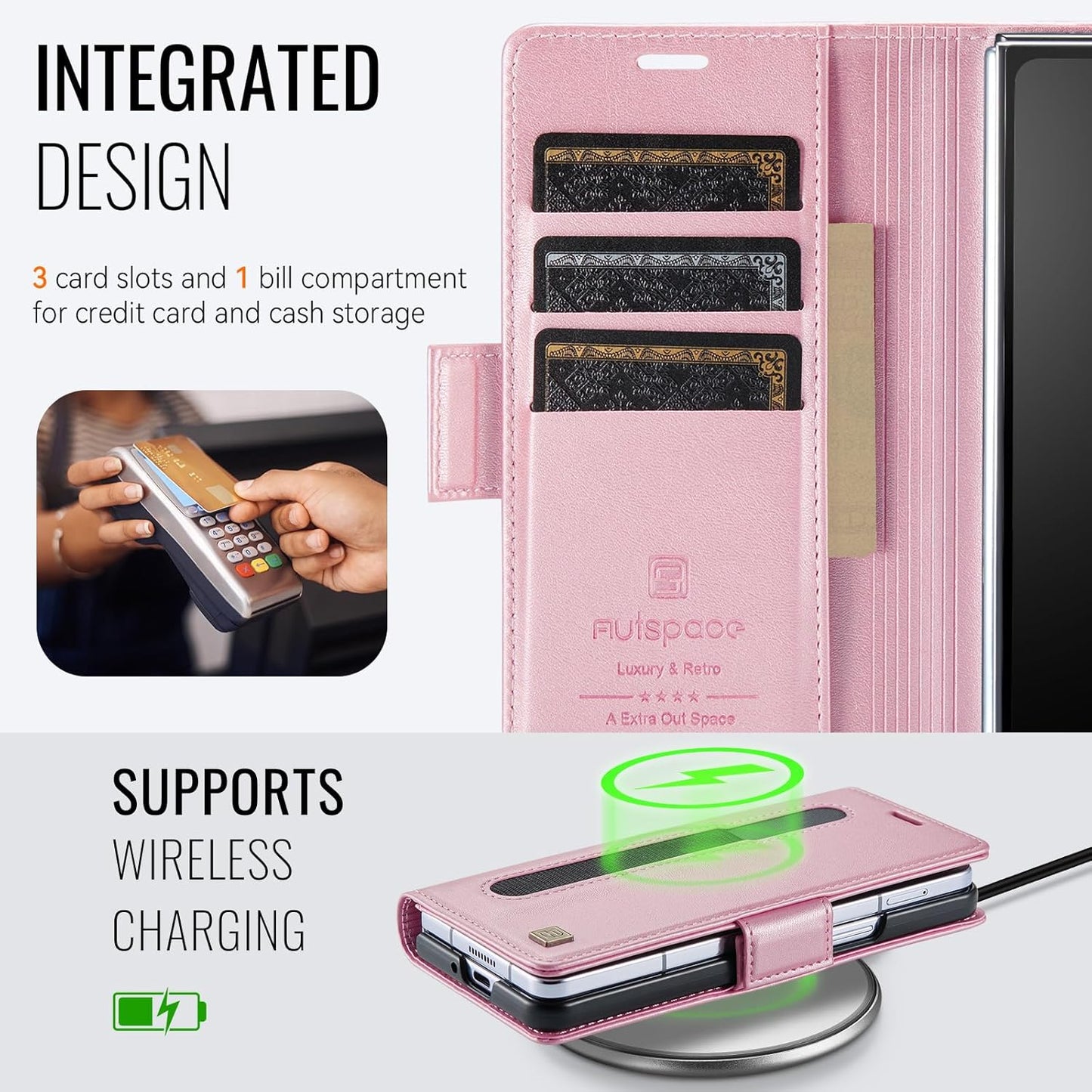 iTape Soft leather wallet case for Samsung Z Fold6, RFID (anti-theft), wallet card slot flip cover stand for Samsung Z Fold6 Support wireless charging Rose Gold