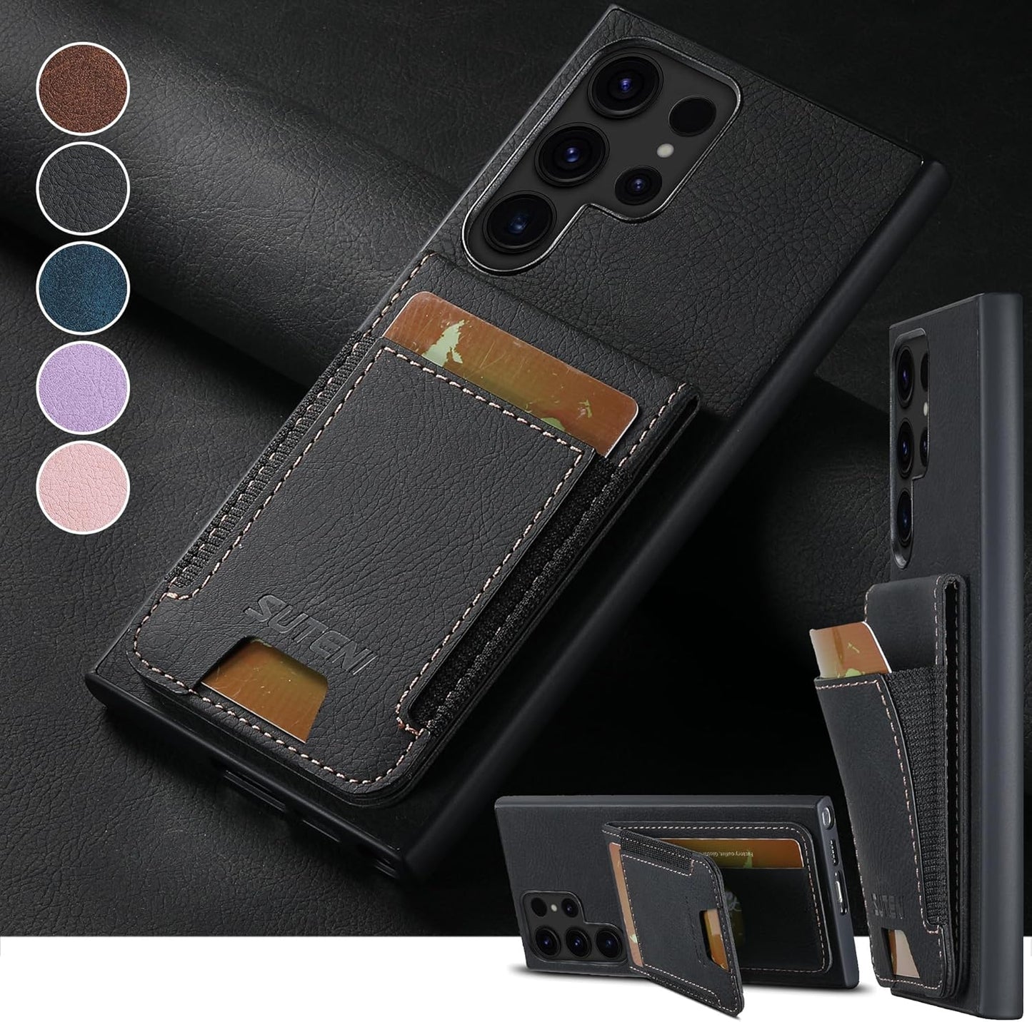 iTape Litchi Texture Phone Case for Samsung Galaxy S23 Ultra - Ultra-thin Simple Card Holder Phone Case with Stand Durable Buffer [Shockproof TPU Inner Shell] Blue