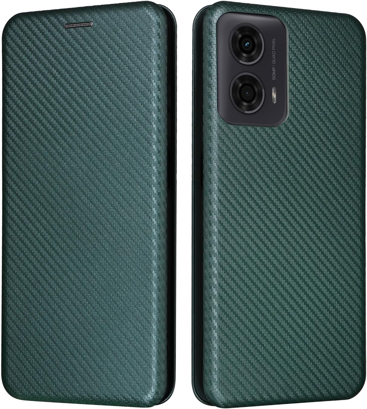 iTape Carbon fiber phone case for Motorola Moto G 04. Magnetic flip phone case, credit card slot, wallet case, shockproof and drop-proof Green