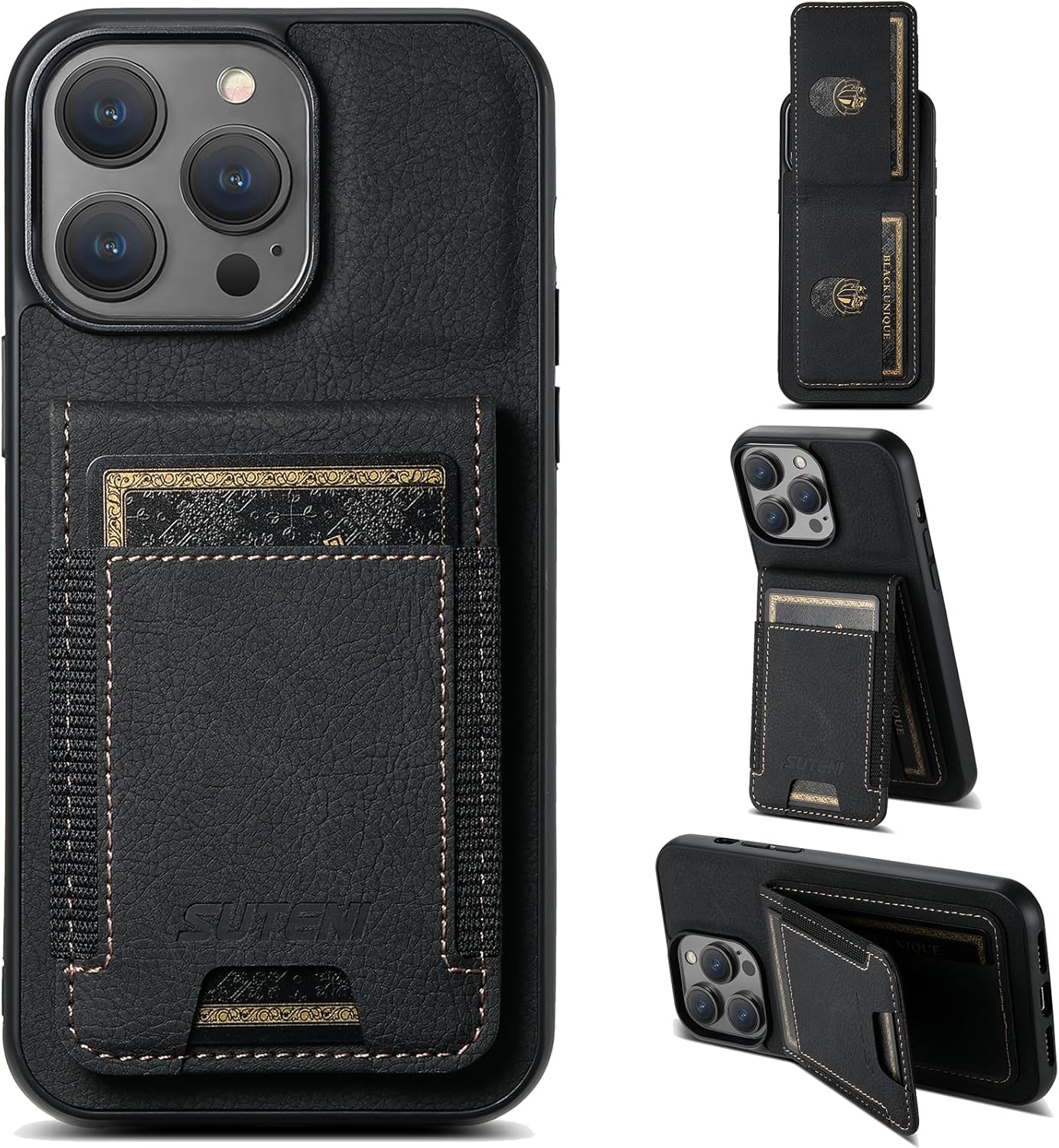 Litchi Texture Phone Case for iPhone 14 Pro max - Ultra-thin Simple Card Holder Phone Case with Stand Durable Buffer [Shockproof TPU Inner Shell] Brown