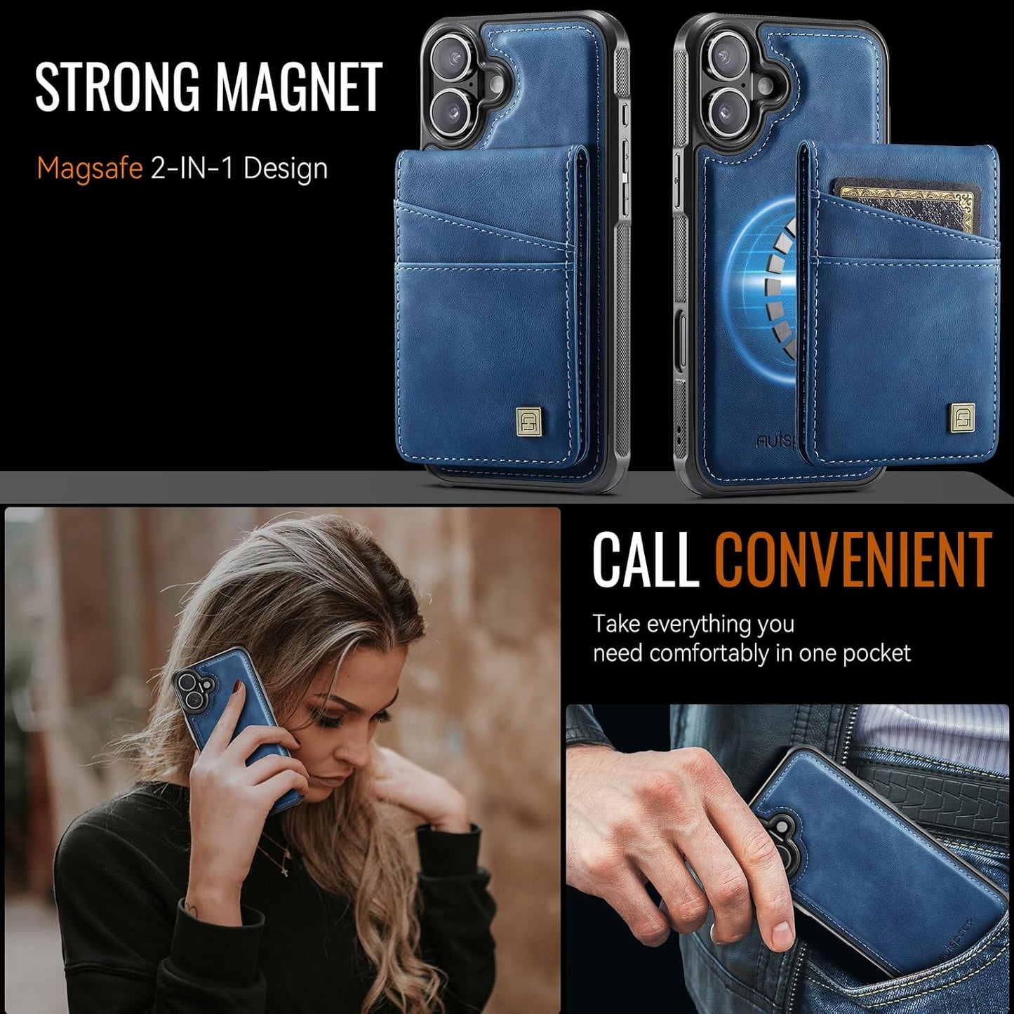 Up and down card holder mobile phone case suitable for iPhone 16 Plus, RFID (anti-theft), supports car magnetic suction function, card slot wallet holder Brown