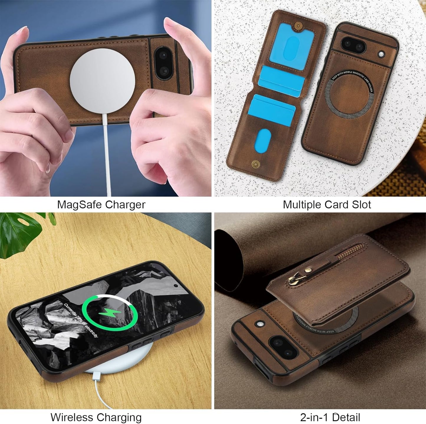 iTape Magnetic card holder phone case suitable for Google Pixel 8A, zipper magnetic split magnetic wallet with adjustable bracket Black