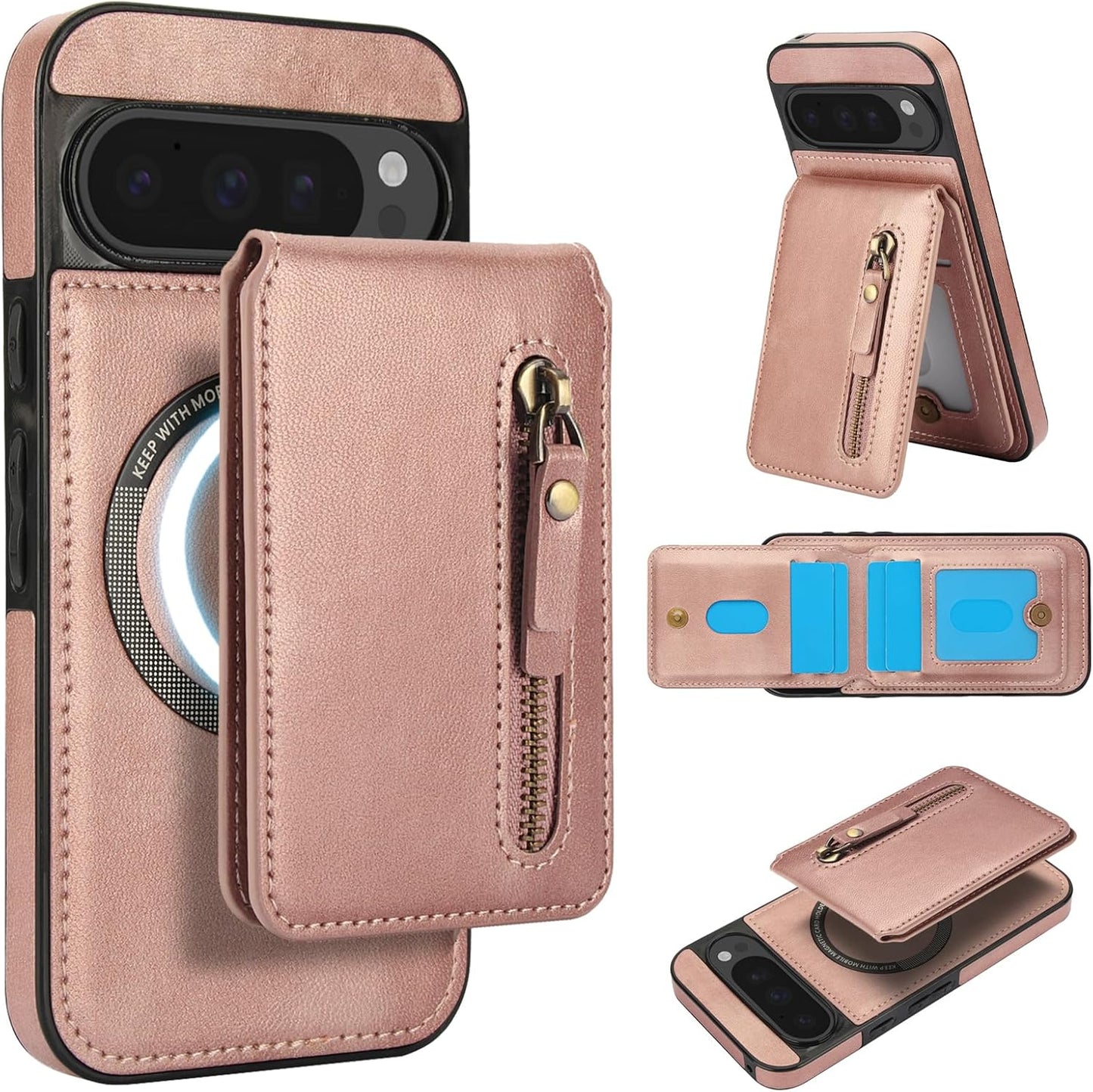 iTape Magnetic card holder phone case suitable for Google Pixel 9 Pro, zipper magnetic split magnetic wallet with adjustable bracket