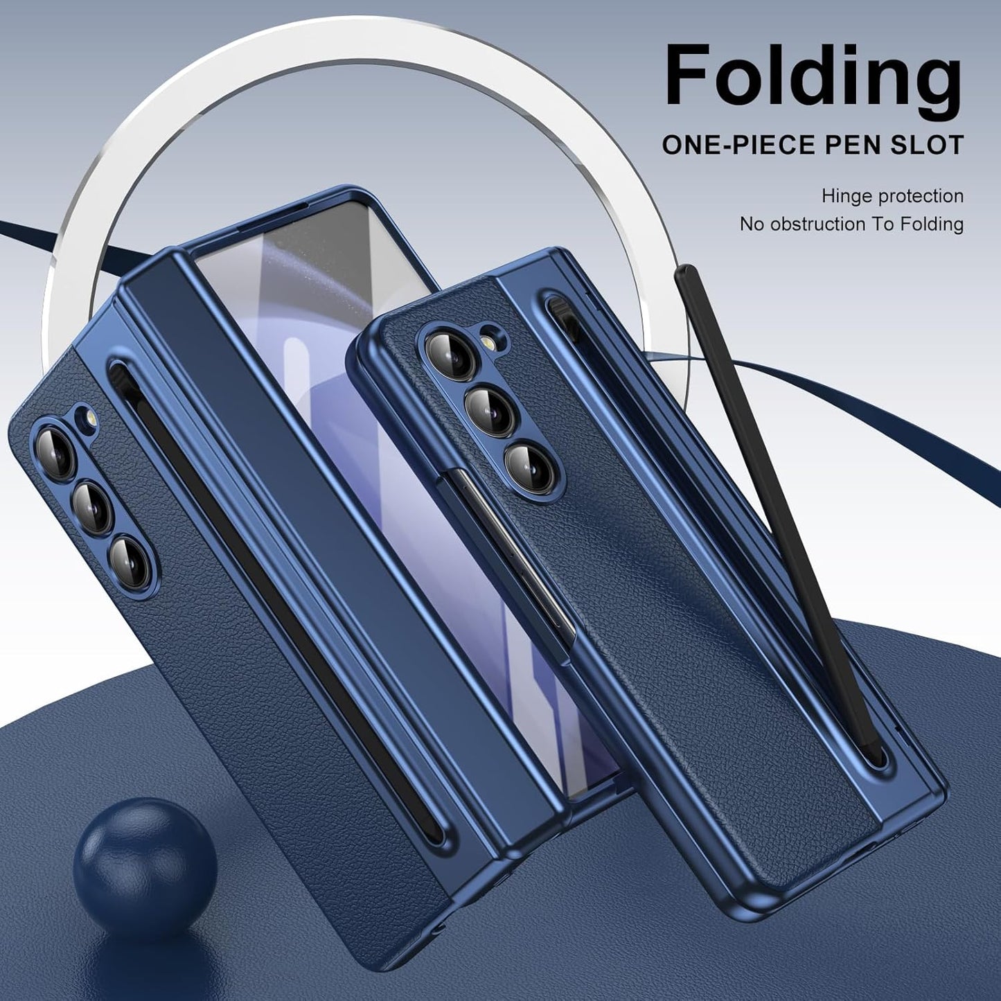 Lightweight phone case for Samsung Galaxy Z Fold5, hinged case supports wireless charging with lens protection, screen protector, complimentary stylus, drop-proof and fingerprint resistant