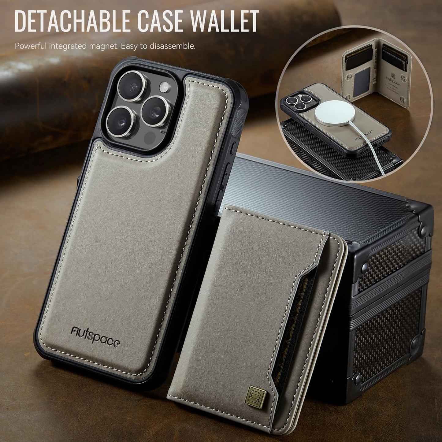 Double magnetic card holder mobile phone case for iPhone 14 Pro max, RFID (anti-theft), supports car magnetic suction function + multi-directional bracket Gray