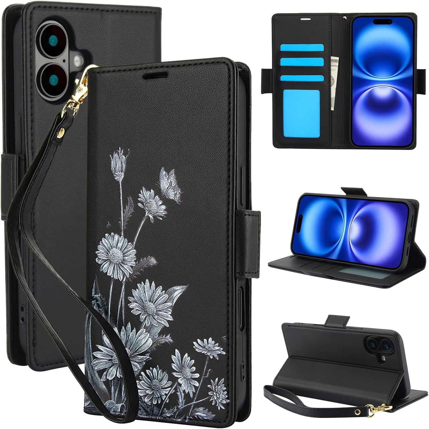 Printed Wallet Phone Case for iPhone 16 Plus, RFID (Anti-Theft), Wallet Flip Stand with Wrist Strap for iPhone 16 Plus Rose Gold