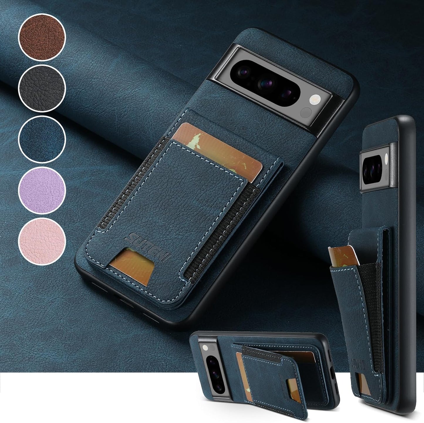iTape Litchi Texture Phone Case for Google Pixel 8 Pro - Ultra-thin Simple Card Holder Phone Case with Stand Durable Buffer [Shockproof TPU Inner Shell] Black