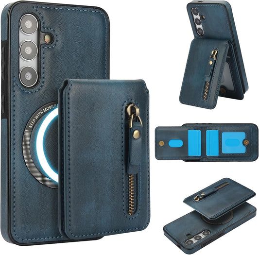 iTape Magnetic card holder phone case suitable for Samsung Galaxy S24+, zipper magnetic split magnetic wallet with adjustable bracket Blue