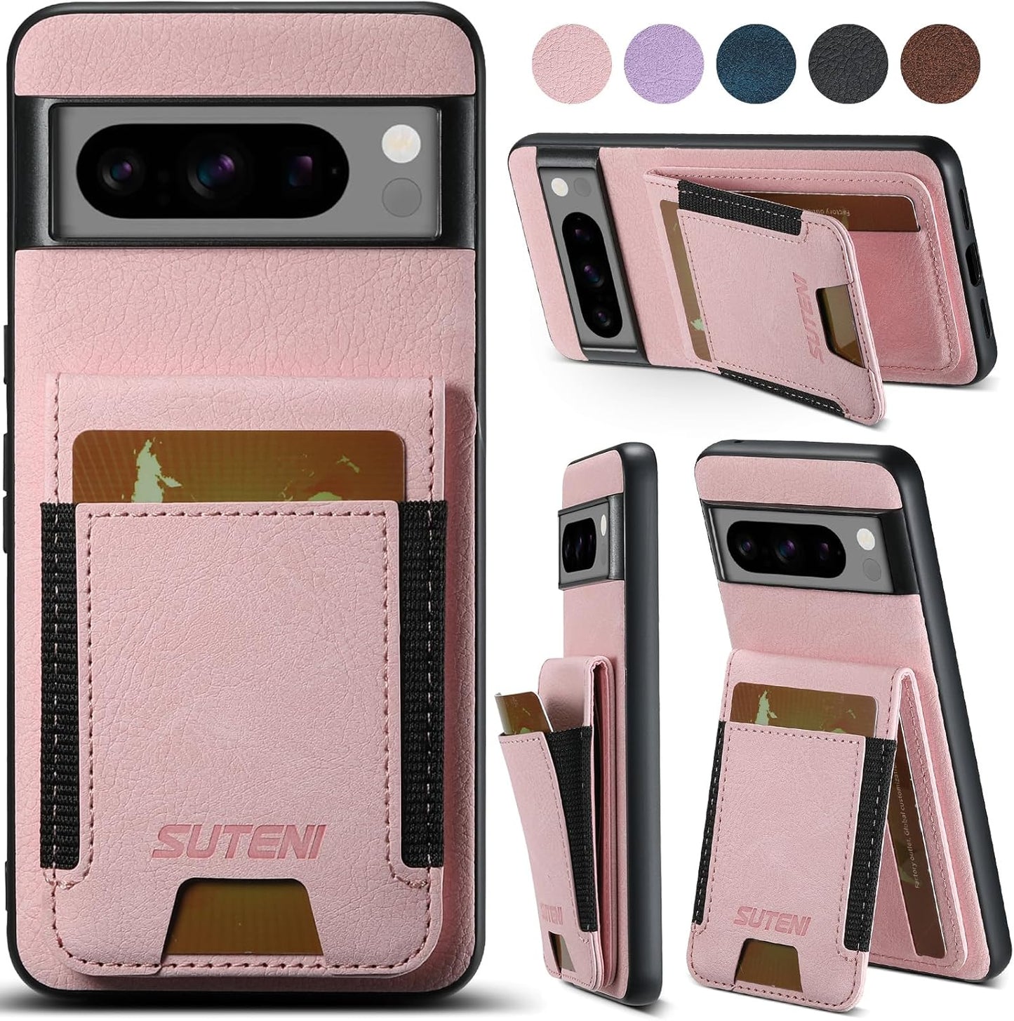 iTape Litchi Texture Phone Case for Google Pixel 8 Pro - Ultra-thin Simple Card Holder Phone Case with Stand Durable Buffer [Shockproof TPU Inner Shell] Black