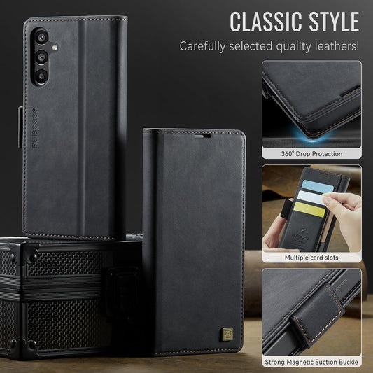 iTape Soft leather wallet case for Samsung Galaxy A35, RFID (anti-theft), wallet card slot flip cover stand for Samsung Galaxy A35 Support wireless charging Black