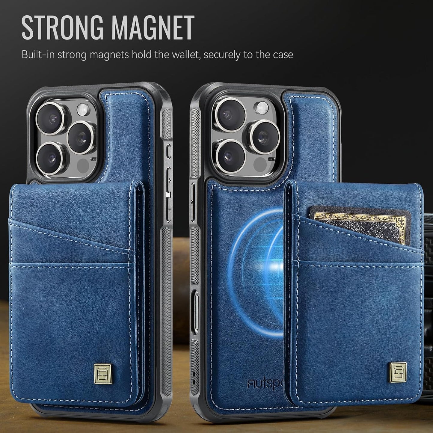 Up and down card holder mobile phone case suitable for iPhone 16 Pro, RFID (anti-theft), supports car magnetic suction function, card slot wallet holder Blue