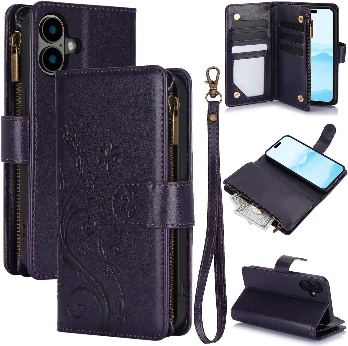 Orchid Butterfly Phone Case for iPhone 16 with Multiple Card Slots Wallet, Magnetic Closure Bracket, Shockproof Protective Phone Case Wristband