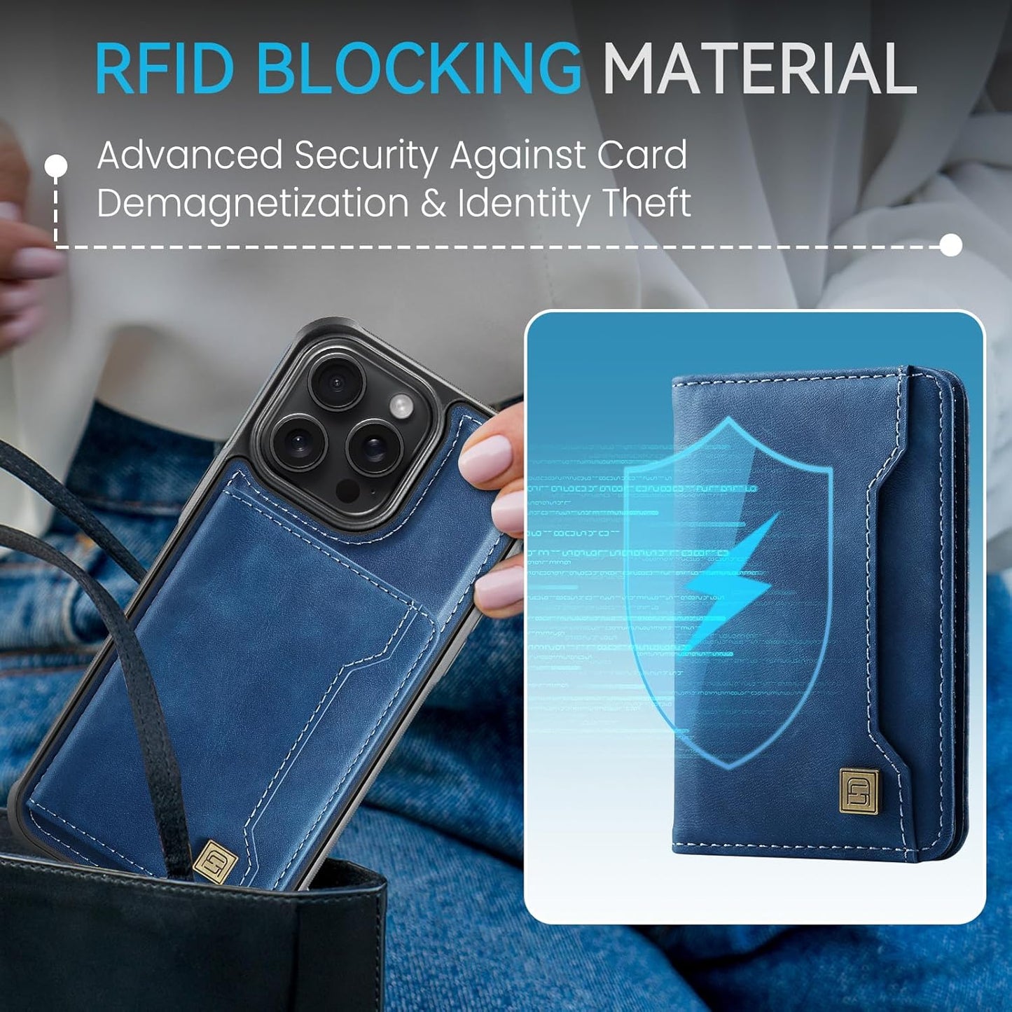 Double magnetic card holder mobile phone case for iPhone 16 Pro, RFID (anti-theft), supports car magnetic suction function + multi-directional bracket Blue