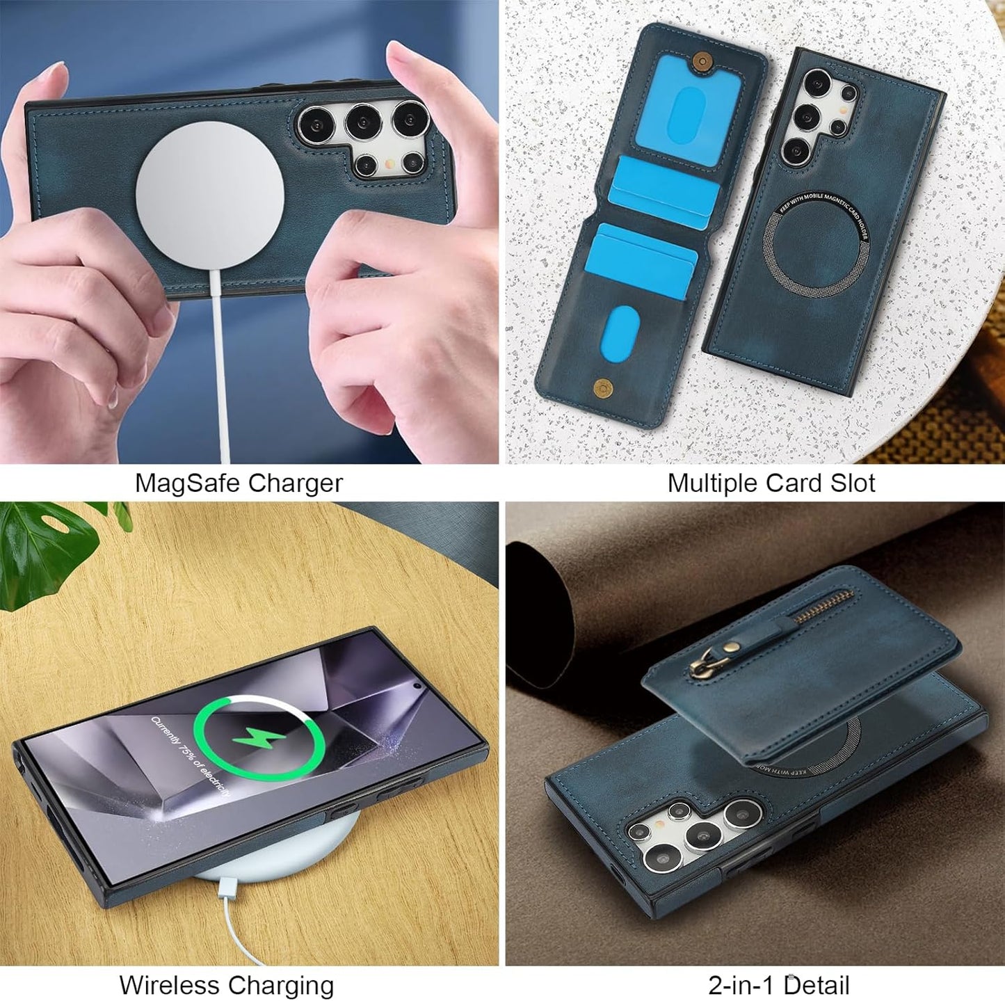 iTape Magnetic Card Holder Phone case Suitable for Samsung Galaxy S24 Ultra, Zipper Magnetic Split Magnetic Wallet with Adjustable Bracket