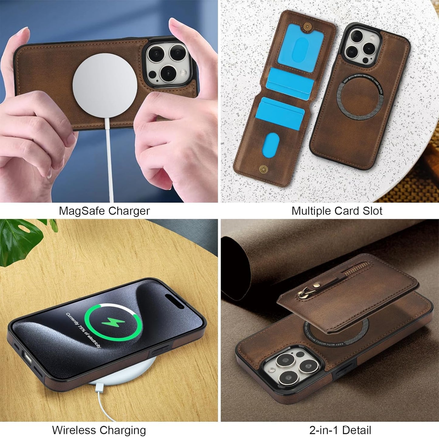 Magnetic card holder phone case suitable for iPhone 15 Pro max, zipper magnetic split magnetic wallet with adjustable bracket Brown