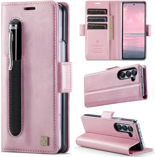iTape Soft leather wallet case for Samsung Z Fold6, RFID (anti-theft), wallet card slot flip cover stand for Samsung Z Fold6 Support wireless charging Rose Gold