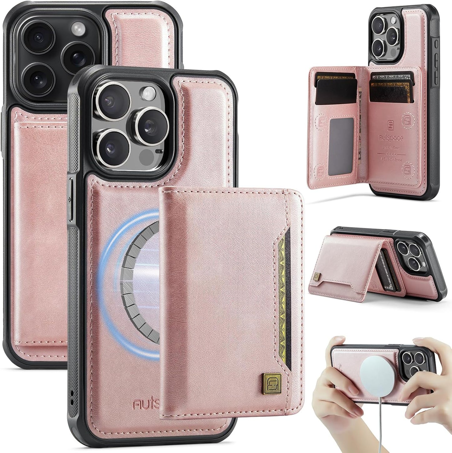 Double magnetic card holder mobile phone case for iPhone 14 Pro max, RFID (anti-theft), supports car magnetic suction function + multi-directional bracket Gray