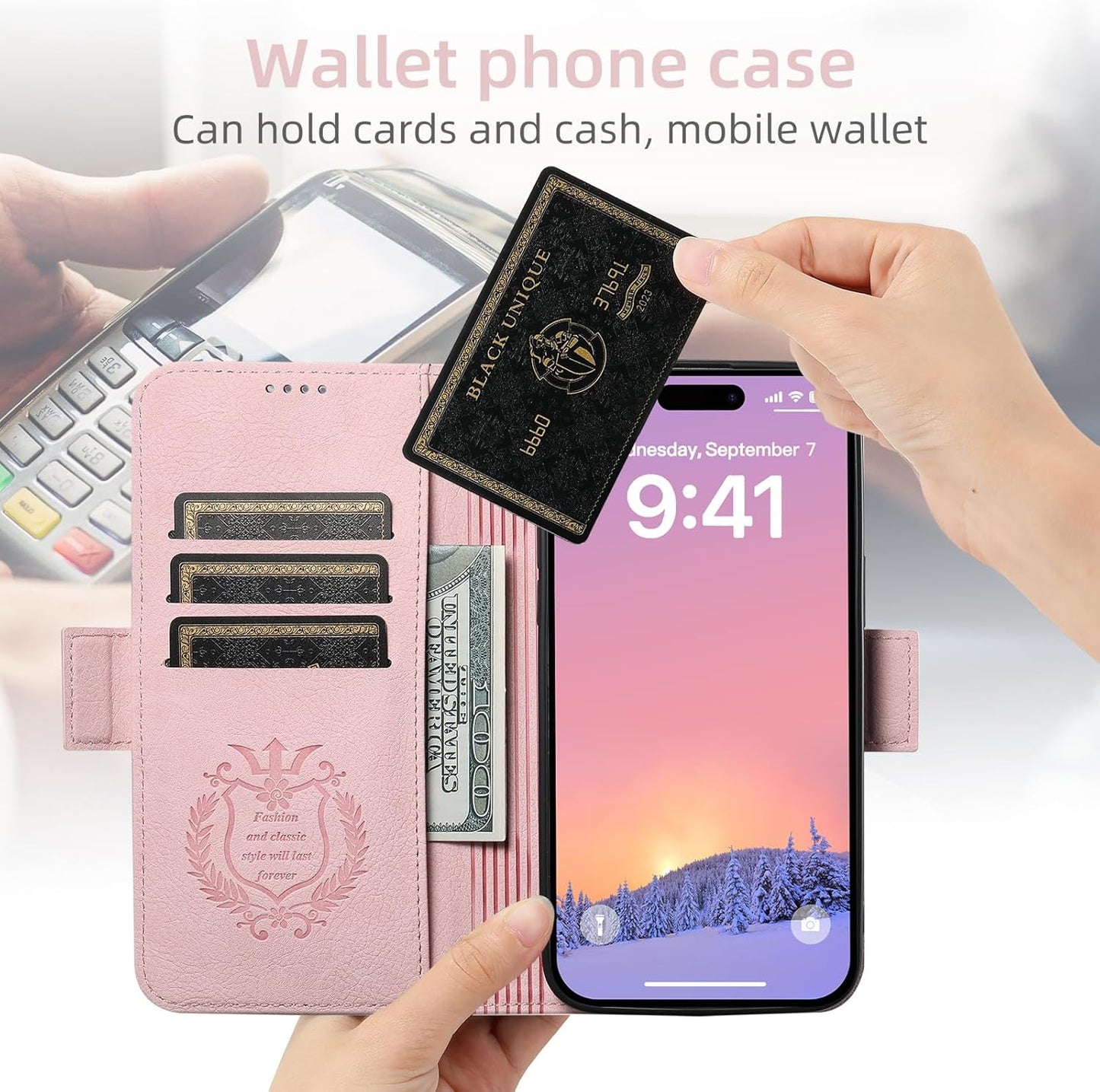 Wallet Case for iPhone 13 Pro Magsafe Charger Compatible, Magnetic Buckle Leather Case, Card Slot Stand Shock Cover Black