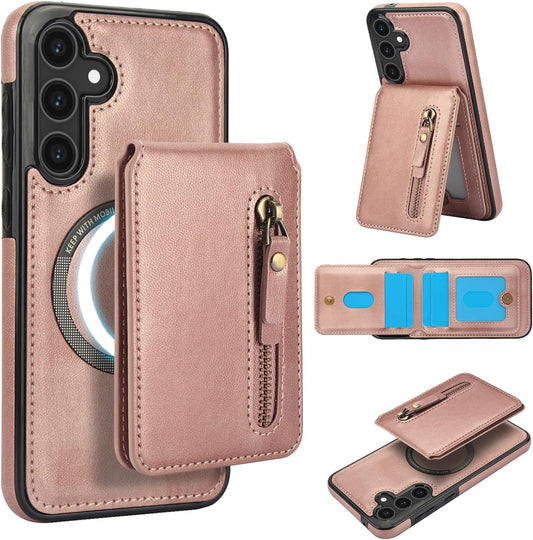 iTape Magnetic card holder phone case suitable for Samsung Galaxy S25+, zipper magnetic split magnetic wallet with adjustable bracket Pink