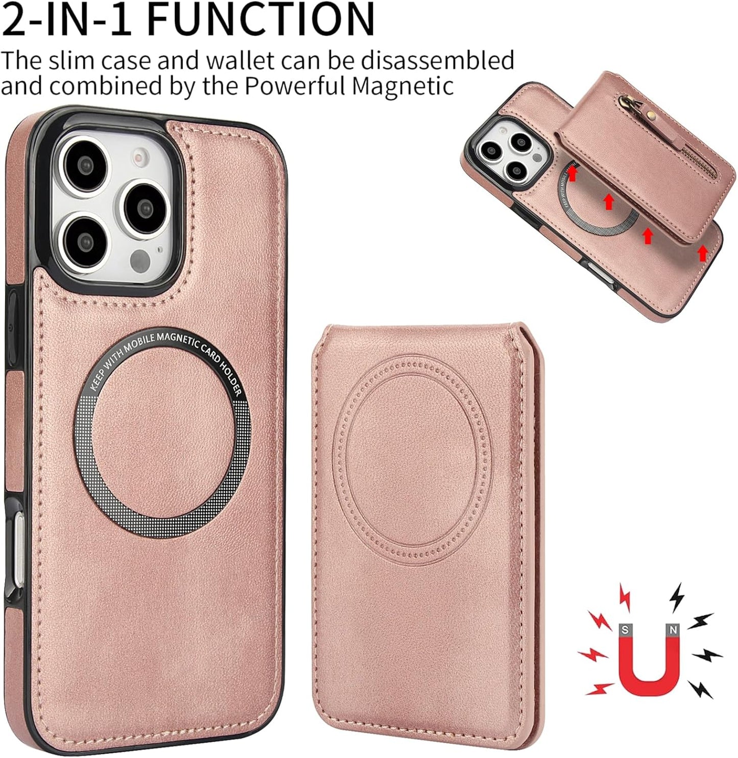 Magnetic card holder phone case suitable for iPhone 16 Pro, zipper magnetic split magnetic wallet with adjustable bracket Brown