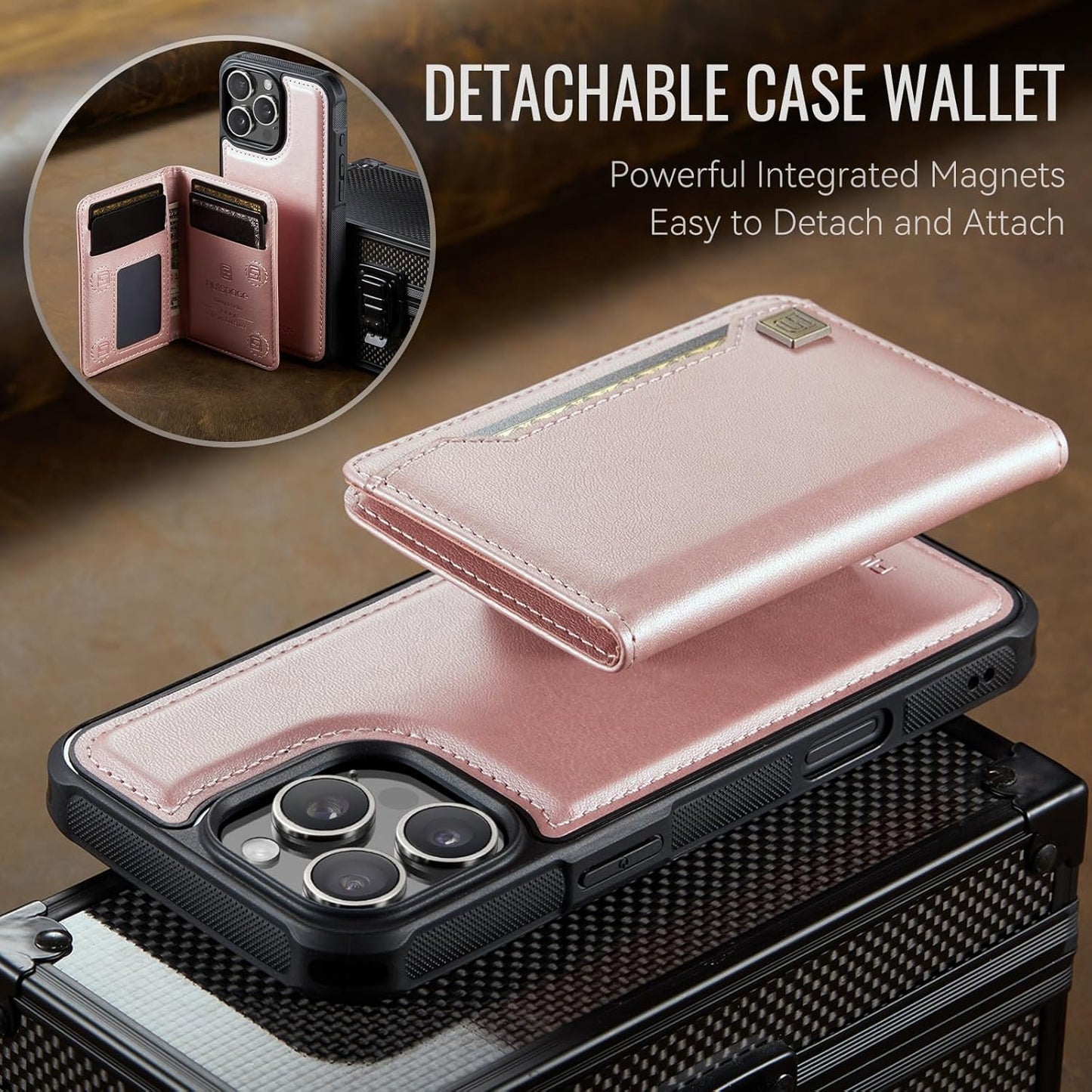 Double magnetic card holder mobile phone case for iPhone 16 Pro max, RFID (anti-theft), supports car magnetic suction function + multi-directional bracket Rose Gold