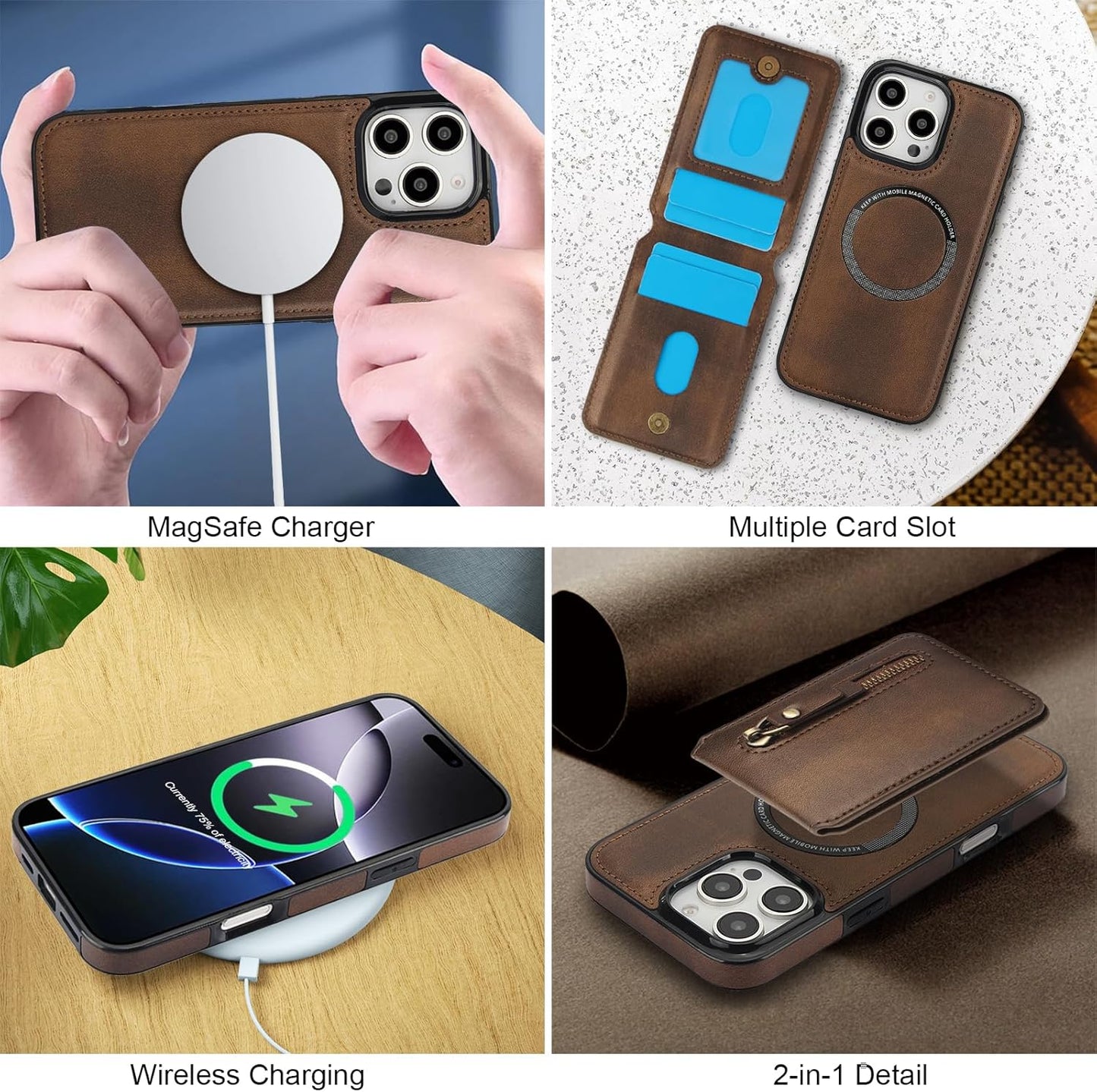 Magnetic card holder phone case suitable for iPhone 16 Pro, zipper magnetic split magnetic wallet with adjustable bracket Brown