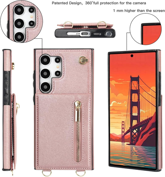 iTape Samsung Galaxy S24 Ultra Case Wallet, Zipper Coin Pouch, Credit Card Slot Holder, Wrist Strap, Samsung Galaxy S24 Ultra Case Adjustable Crossbody Lanyard [RFID Blocked]