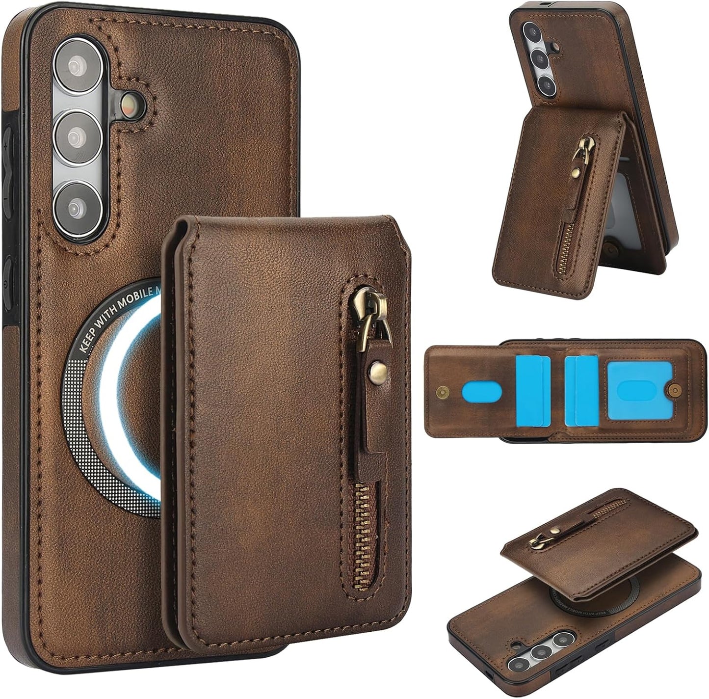 iTape Magnetic card holder phone case suitable for Samsung Galaxy S24+, zipper magnetic split magnetic wallet with adjustable bracket Blue