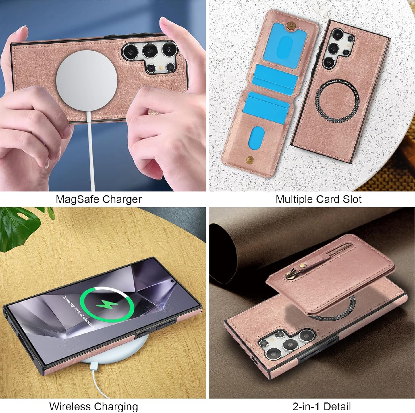 iTape Magnetic Card Holder Phone case Suitable for Samsung Galaxy S24 Ultra, Zipper Magnetic Split Magnetic Wallet with Adjustable Bracket