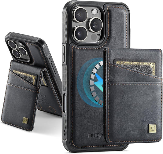 Up and down card holder mobile phone case suitable for iPhone 16 Pro max, RFID (anti-theft), supports car magnetic suction function, card slot wallet holder Black