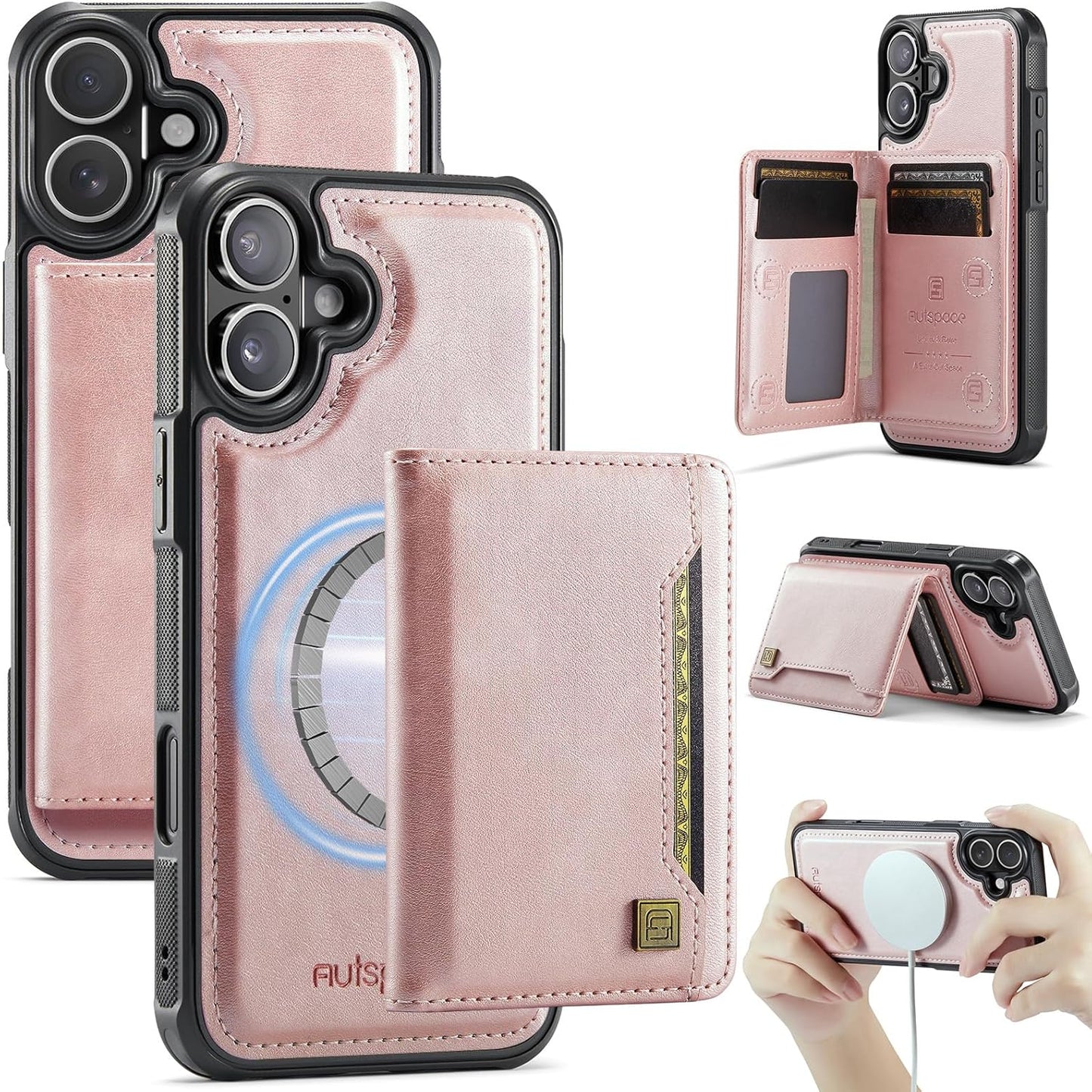 Double magnetic card holder mobile phone case for iPhone 16, RFID (anti-theft), supports car magnetic suction function + multi-directional bracket Blue