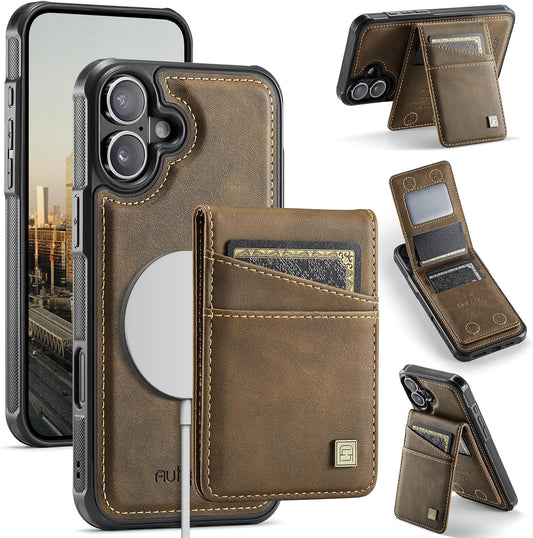Up and down card holder mobile phone case suitable for iPhone 16 Plus, RFID (anti-theft), supports car magnetic suction function, card slot wallet holder Brown