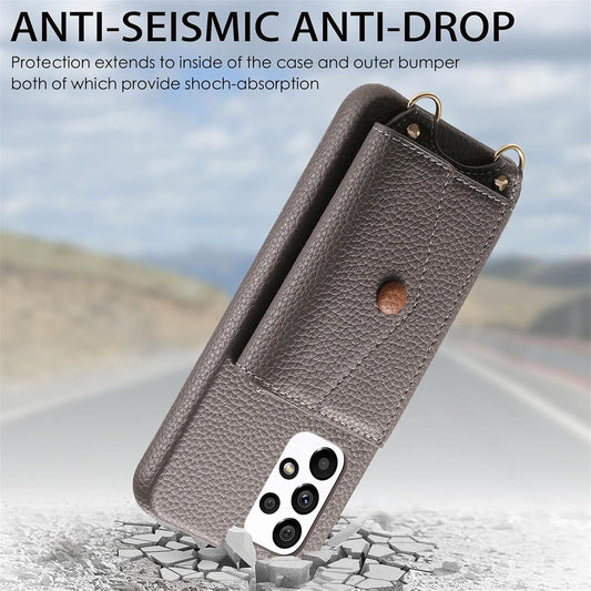 iTape Card Holder Wallet Phone Case for Samsung Galaxy A53 5G, Shockproof Ultra-thin Phone Case, Makeup Mirror with Crossbody Strap Gray