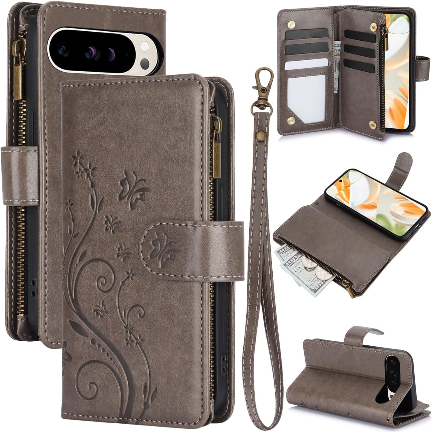 iTape Orchid Butterfly Phone Case for Google Pixel 9 with Multiple Card Slots Wallet, Magnetic Closure Bracket, Shockproof Protective Phone Case Wristband