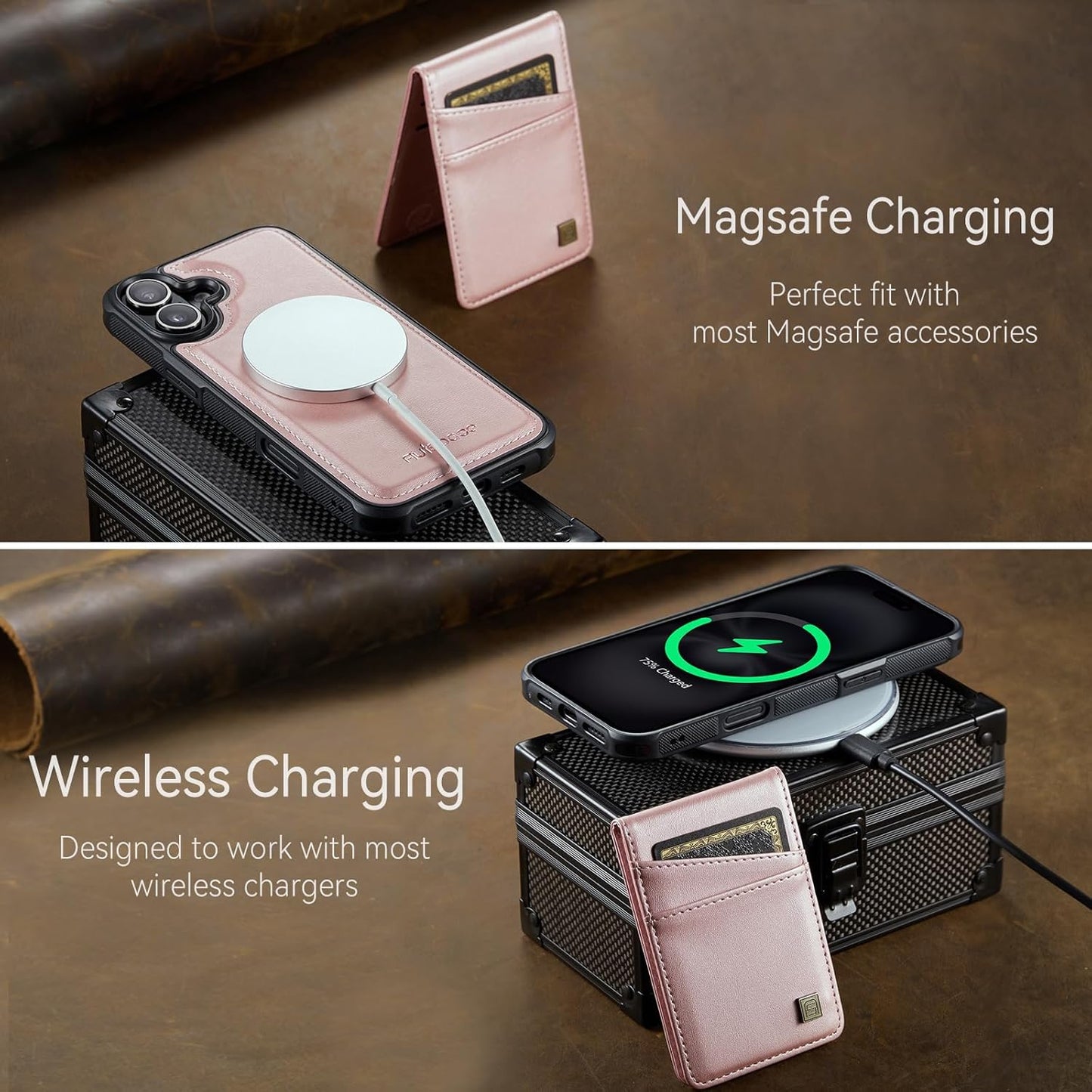 Up and down card holder mobile phone case suitable for iPhone 16 Plus, RFID (anti-theft), supports car magnetic suction function, card slot wallet holder Brown
