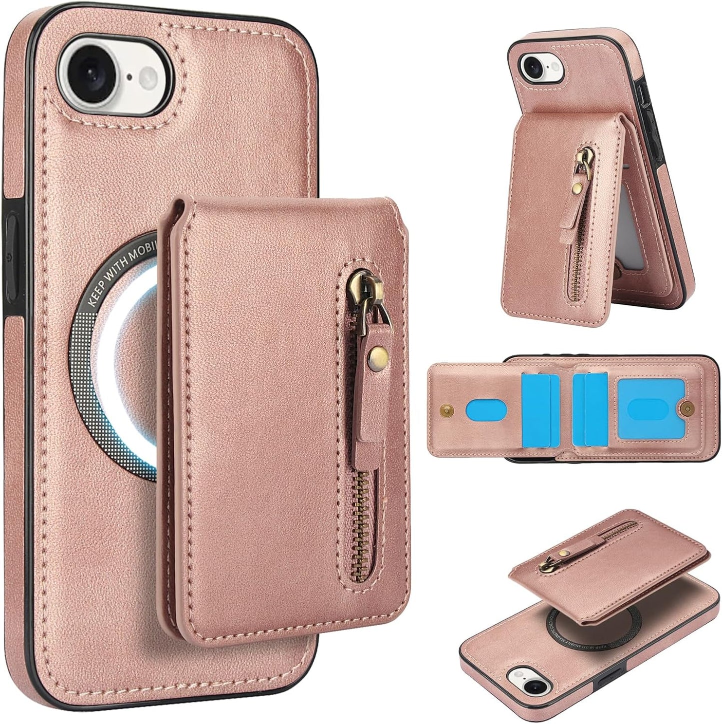 Magnetic card holder phone case suitable for iPhone 16E, zipper magnetic split magnetic wallet with adjustable bracket