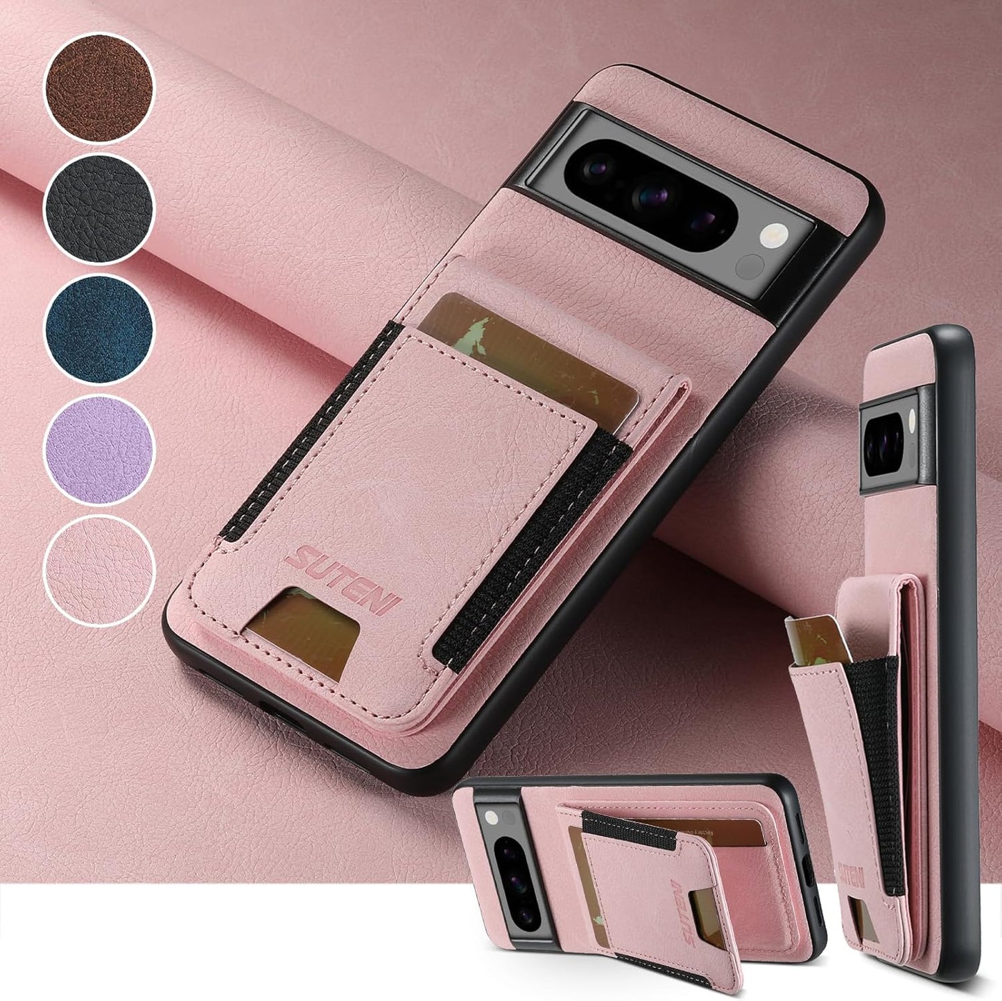iTape Litchi Texture Phone Case for Google Pixel 8 Pro - Ultra-thin Simple Card Holder Phone Case with Stand Durable Buffer [Shockproof TPU Inner Shell] Black