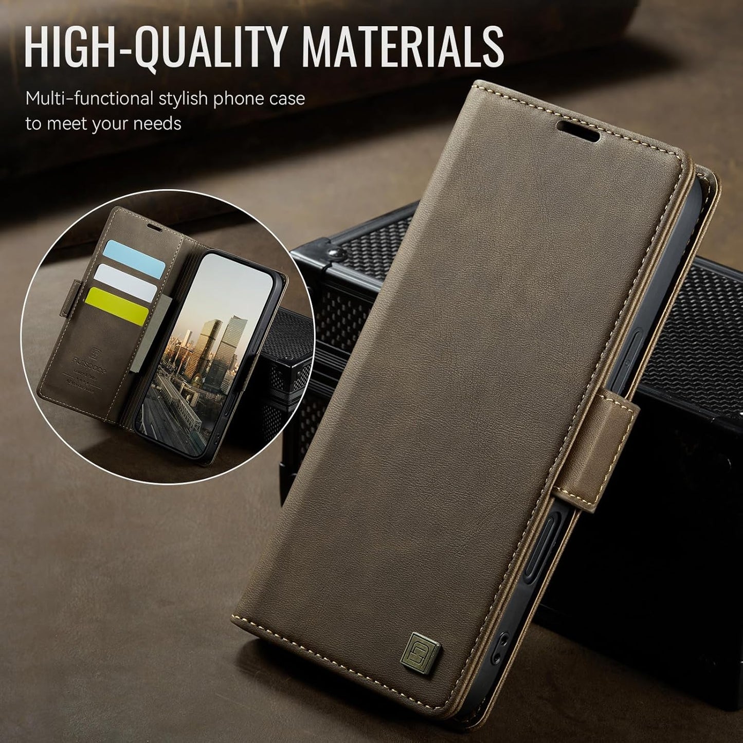 Soft leather wallet case for iPhone 16 Pro max, RFID (anti-theft), wallet card slot flip cover stand for iPhone 16 Pro max Support wireless charging Brown