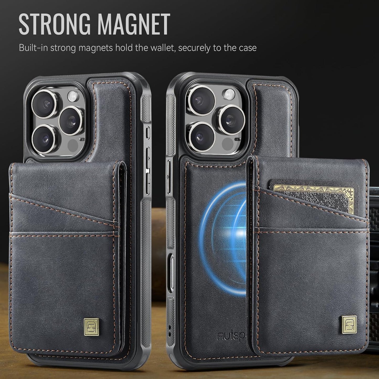 Up and down card holder mobile phone case suitable for iPhone 16 Pro, RFID (anti-theft), supports car magnetic suction function, card slot wallet holder Blue