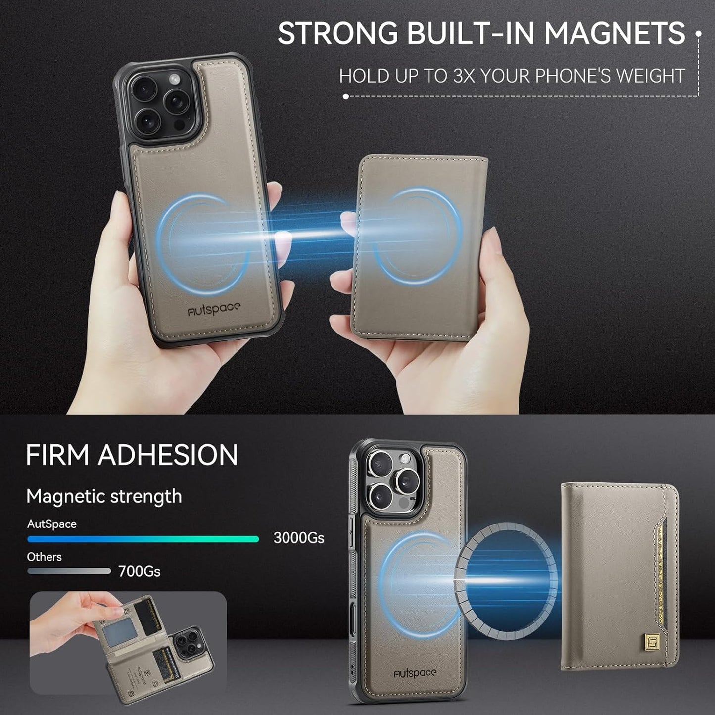 Double magnetic card holder mobile phone case for iPhone 16 Pro, RFID (anti-theft), supports car magnetic suction function + multi-directional bracket Blue