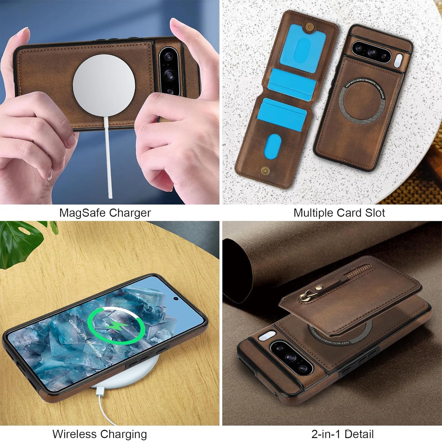 iTape Magnetic card holder phone case suitable for Google Pixel 8 Pro, zipper magnetic split magnetic wallet with adjustable bracket Brown