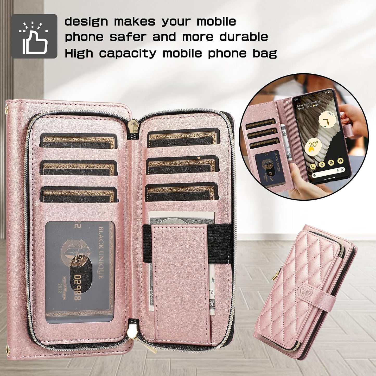 iTape Diamond Wallet Case for Google Pixel 8, Flip Leather Stand, Wrist Strap, Magnetic Closure, Shockproof Case Coin Purse Card Holder, Crossbody Strap Black