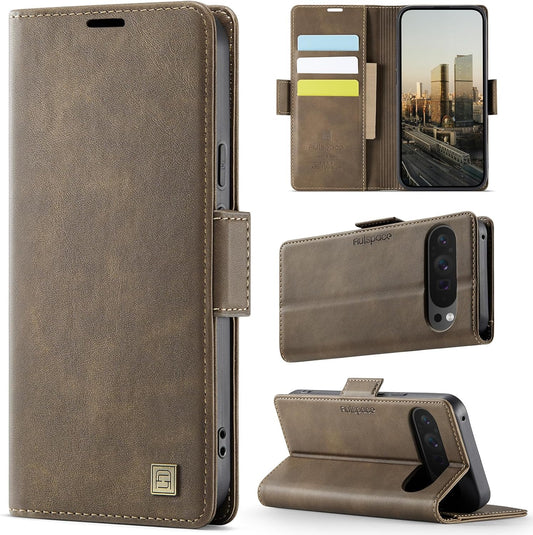 iTape Soft leather wallet case for Google Pixel 9Pro, RFID (anti-theft), wallet card slot flip cover stand for Google Pixel 9Pro Support wireless charging Brown