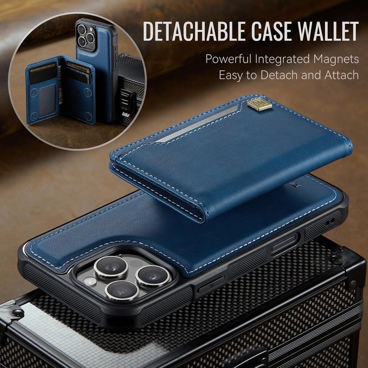 Double magnetic card holder mobile phone case for iPhone 16 Pro, RFID (anti-theft), supports car magnetic suction function + multi-directional bracket Blue
