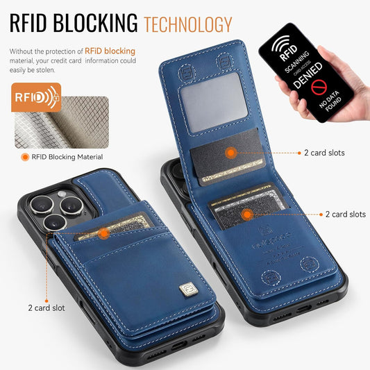 Up and down card holder mobile phone case suitable for iPhone 16 Pro, RFID (anti-theft), supports car magnetic suction function, card slot wallet holder Blue