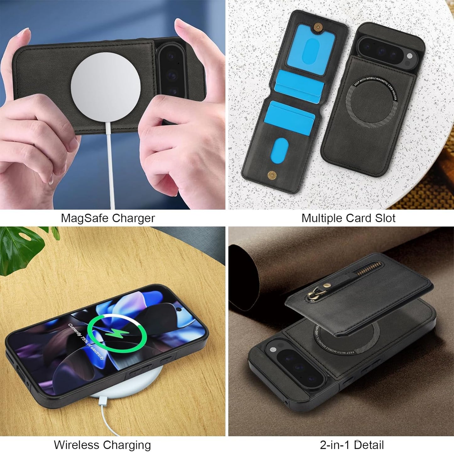 iTape Magnetic card holder phone case suitable for Google Pixel 9 Pro, zipper magnetic split magnetic wallet with adjustable bracket