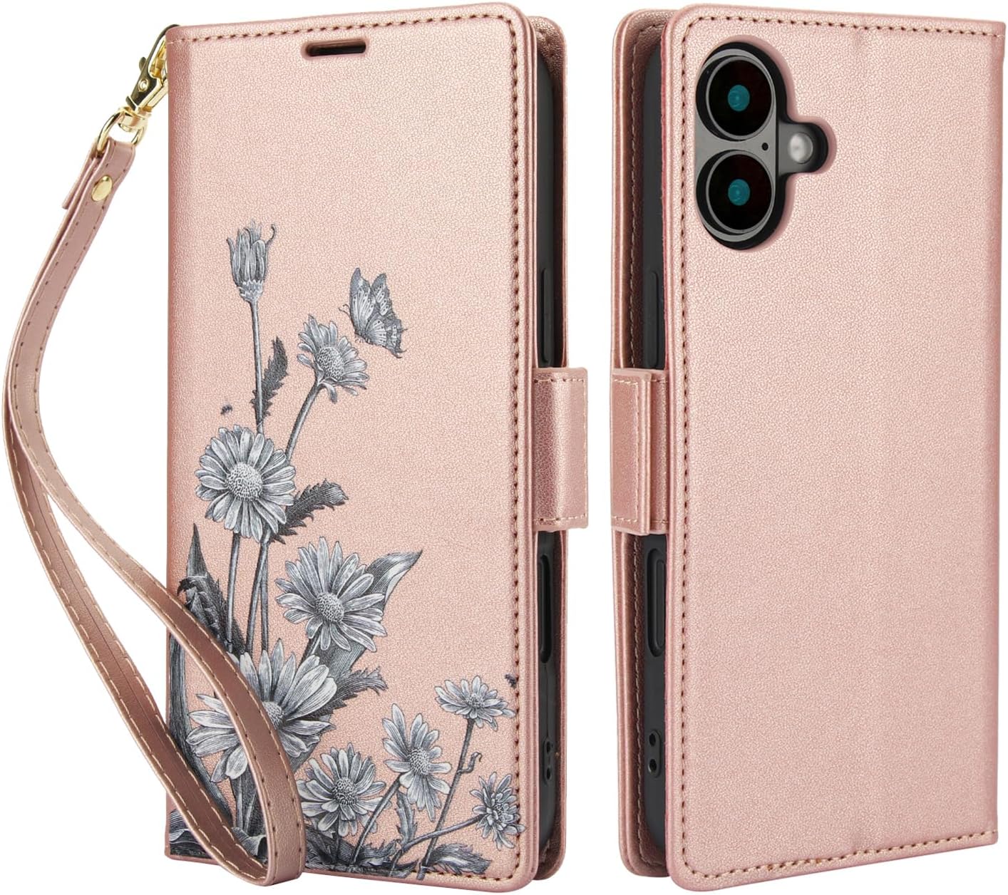 Printed Wallet Phone Case for iPhone 16 Plus, RFID (Anti-Theft), Wallet Flip Stand with Wrist Strap for iPhone 16 Plus Rose Gold